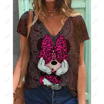 3D Женский топ Большие размеры Disney Минни Микки Маус Футболка с принтом V-образным вырезом Повседневная свободная футболка с коротким рукавом Летняя мягкая одежда