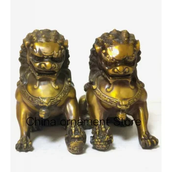 8 дюймов Auspicius Пара старых бронзовых львов Foo Dog Статуя Фэн-Шуй Фортуна Лев Статуя