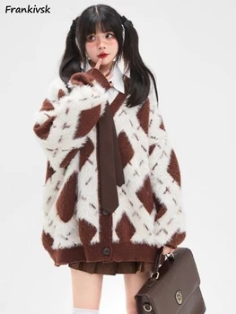 Argyle Кардиган Женский Maillard Пушистый Продвинутый корейский стиль Осень-зима Уличная одежда Хипстер Контрастный цвет Свободный Уютный V-образный вырез