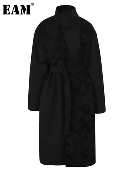 [EAM] Черный жаккард Шерстяное пальто большого размера Новый воротник-стойка Женская куртка с длинным рукавом Мода Прилив Осень-зима 2024 CPG0937