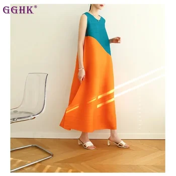 GGHK Miyake Плиссированные Колорблокинг Свободные Большие Размеры Дизайн Платья Лето Новая Мода Элегантные Платья Для Вечеринок Повседневная Одежда