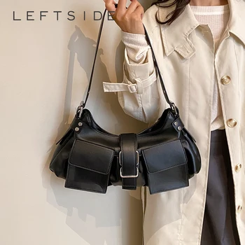 LEFTSIDE Мода с двойными карманами Дизайн Кожаная сумка-тоут для женщин 2023 Как правило, женская простая сумка через плечо Сумки для подмышек Сумки