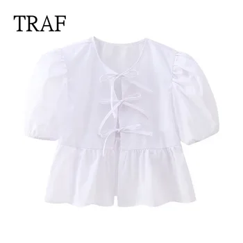 TRAF 2024 Укороченная белая рубашка Женщины Весна Галстук Ремешки Рубашки И Блузки Женская одежда Винтажный топ с пышными рукавами для женщин Рубашка