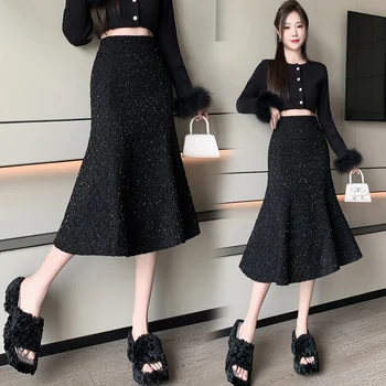 корейский черный элегантная юбка с рыбьим хвостом женщина 2023 осень-зима новая расклешенная юбка миди с высокой талией женские блестящие дамы для вечеринок Faldas