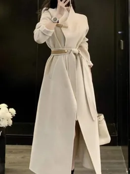  осень зима новое длинное пальто женское элегантное повседневное шерстяное модное твердое свободное винтажное пальто с поясом шикарная женская одежда
