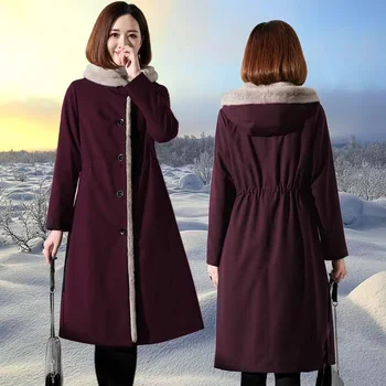 Осень-зима Новые снежные парки 4XL 2023 Женское длинное пальто Корейская свободная подкладка из искусственного меха Куртка из искусственного меха Теплое пальто с капюшоном